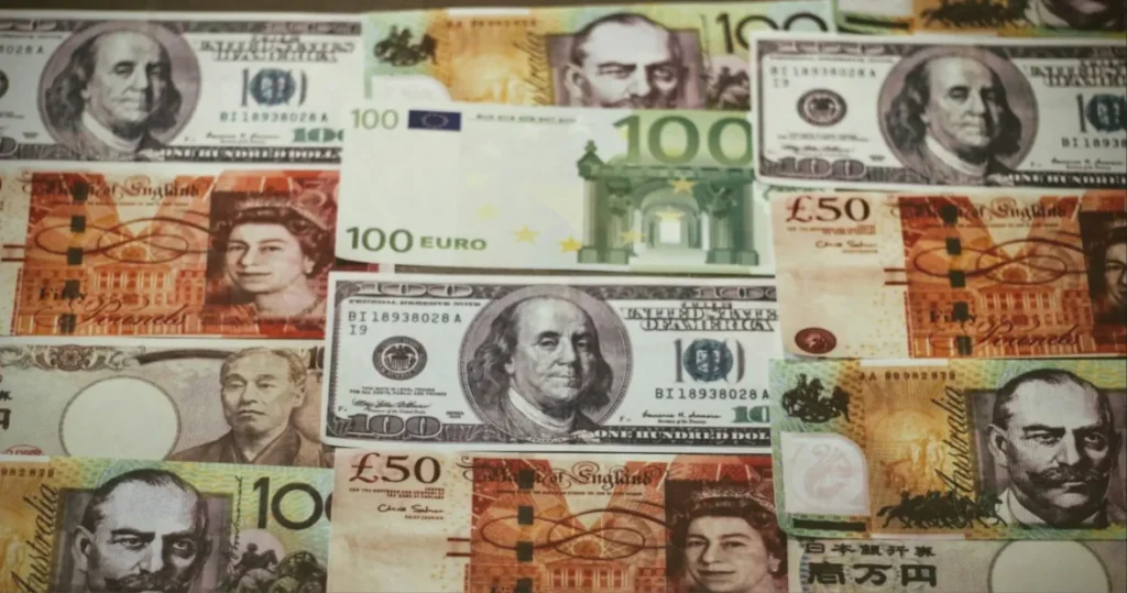 Various world currencies including Dollars, Euros and Pounds.